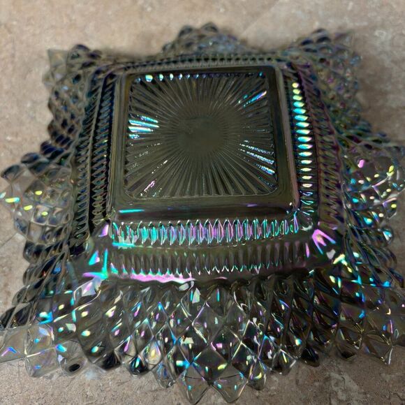 Vintage Indiana Glass Diamond Point Smoke Gray / Iridescent Square Candy Trinket - Picture 2 of 2